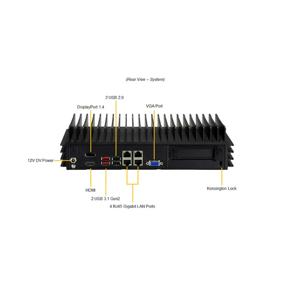 Supermicro SuperServer SYS-E302-12E IoT Box 4-Core x6425E max. 32GB 4xGbE 1x2,5 2xM.2 TPM 4xCOM fanless