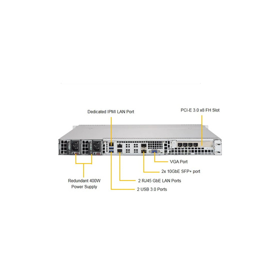 Supermicro SuperServer 5018D-MHR7N4P IoT 1U 8-Core D-1537 max. 128GB 2xGbE 2x10G SFP+ 4x3,5 1xPCIe 2x400W